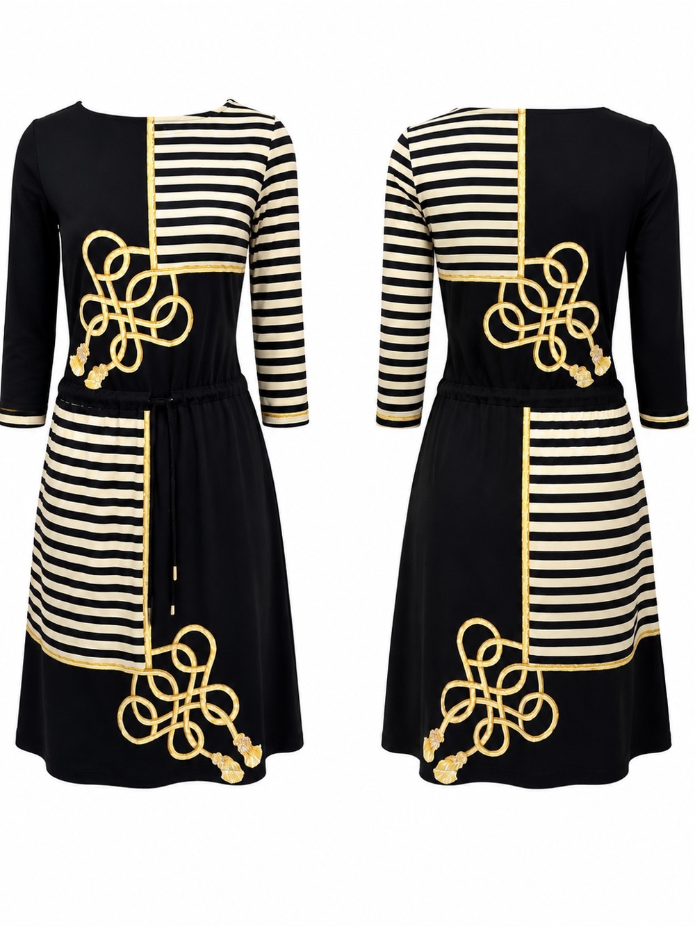 J McLaughlin Dress Medium Black Cream Stripe Gold Rope Tassel Print 3/4 Sleeve